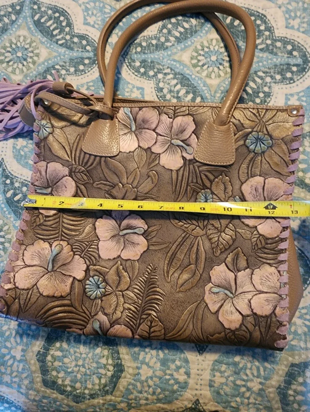 Claudia Firenze Embossed Boho Floral Leather Tote Bag with Tassels - Pink Brown